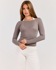 Sheer Flow Boat Neck Top - Almond Latte