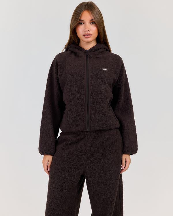 Teddy Fleece Zip Through Hoodie - Coffee Bean