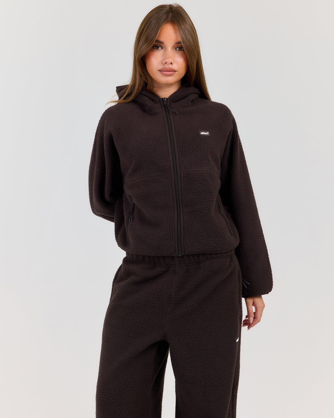 Teddy Fleece Zip Through Hoodie - Coffee Bean