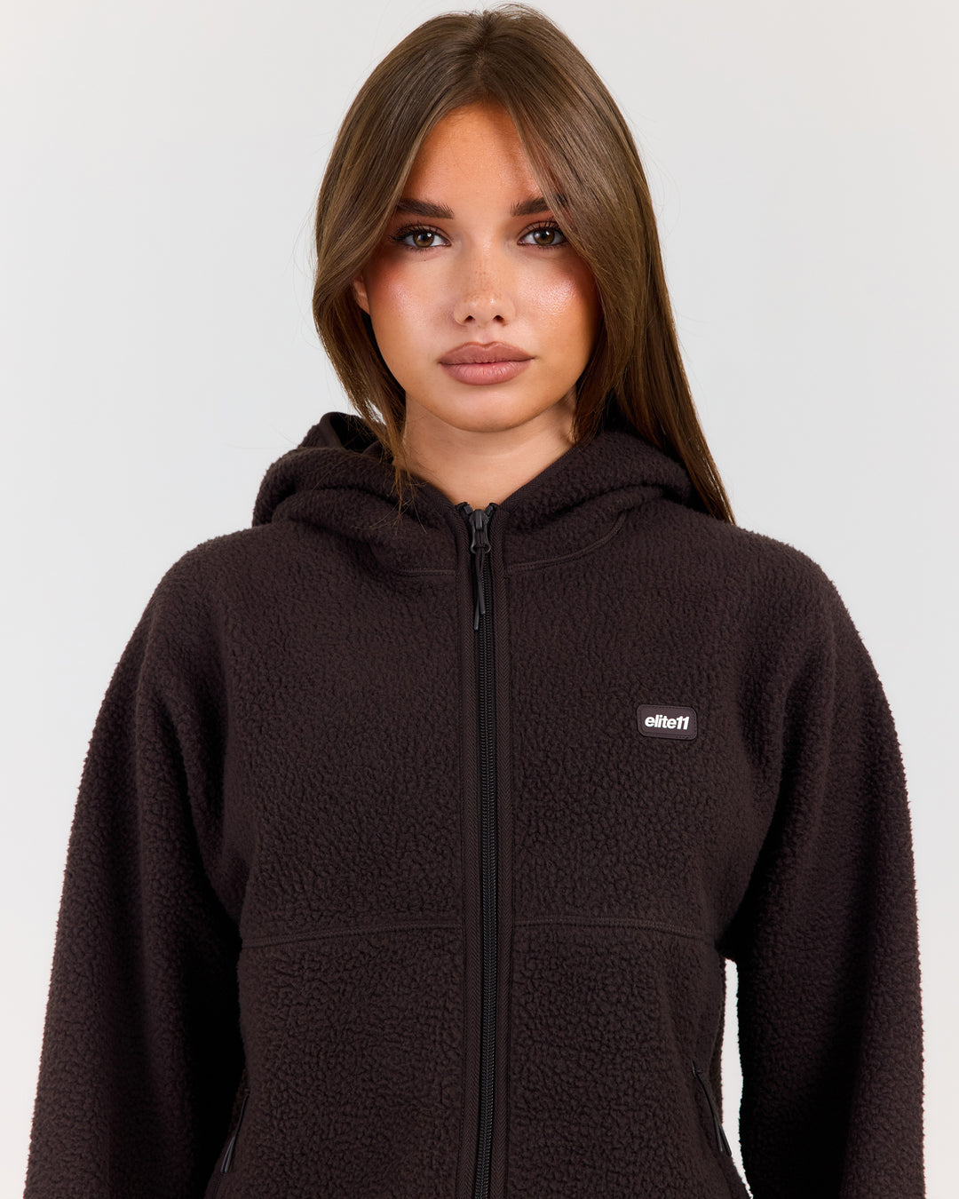 Teddy Fleece Zip Through Hoodie - Coffee Bean