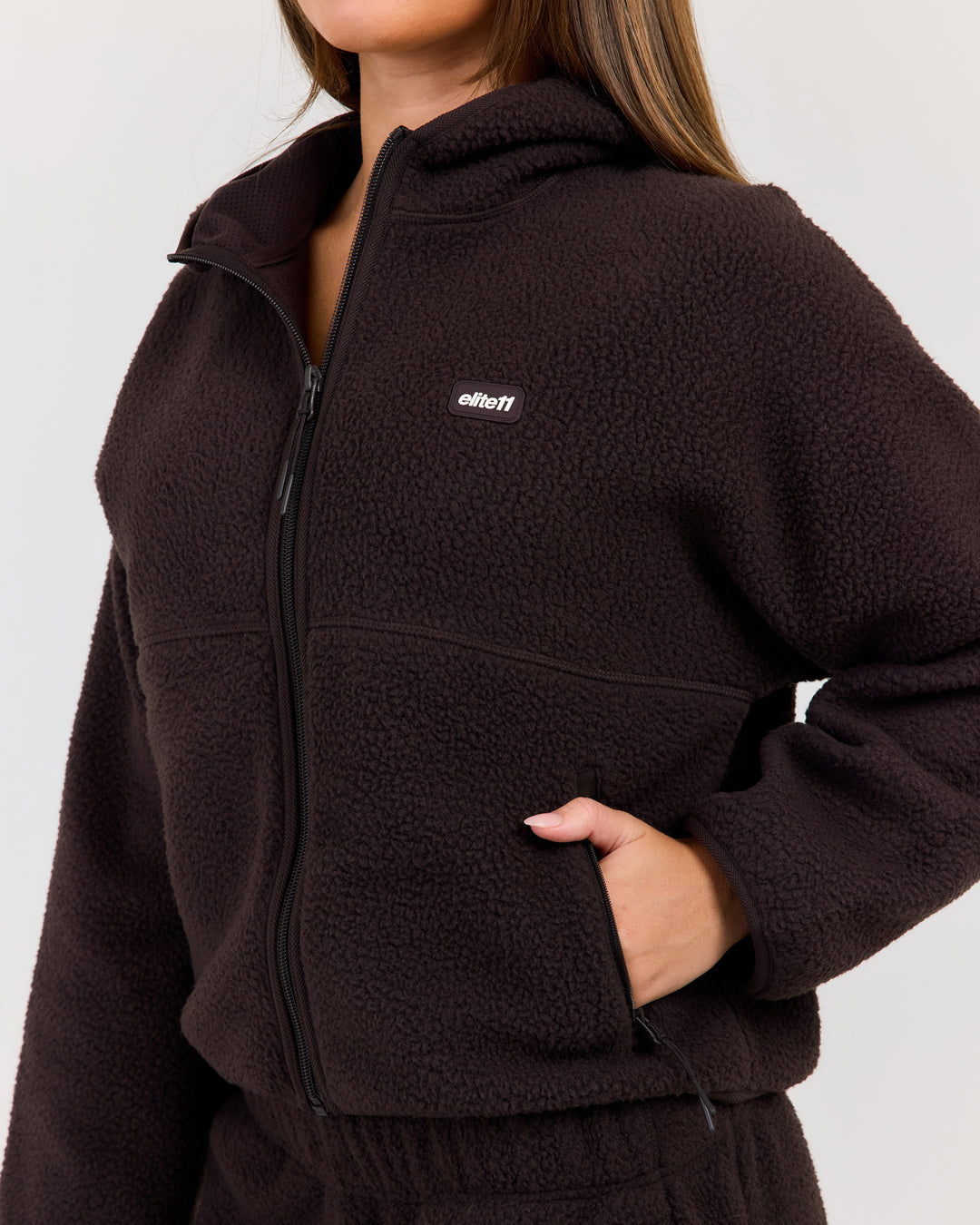 Teddy Fleece Zip Through Hoodie - Coffee Bean