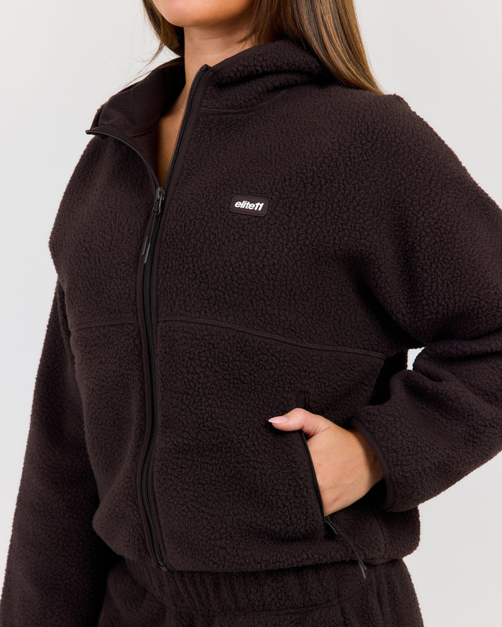 Teddy Fleece Zip Through Hoodie - Coffee Bean