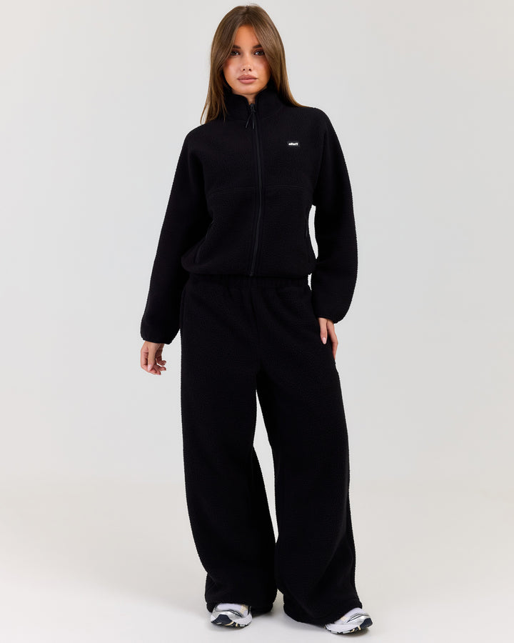 Teddy Fleece Wide Leg Pants - Black