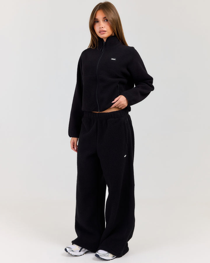 Teddy Fleece Wide Leg Pants - Black