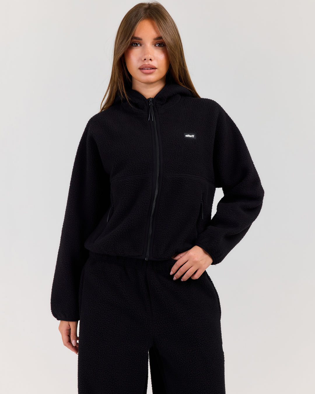 Teddy Fleece Zip Through Hoodie - Black