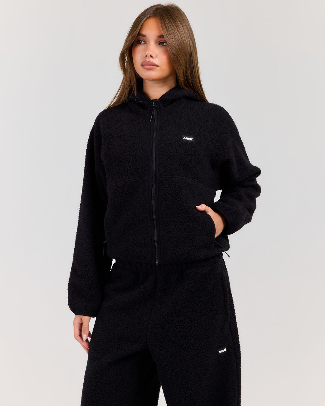 Teddy Fleece Zip Through Hoodie - Black
