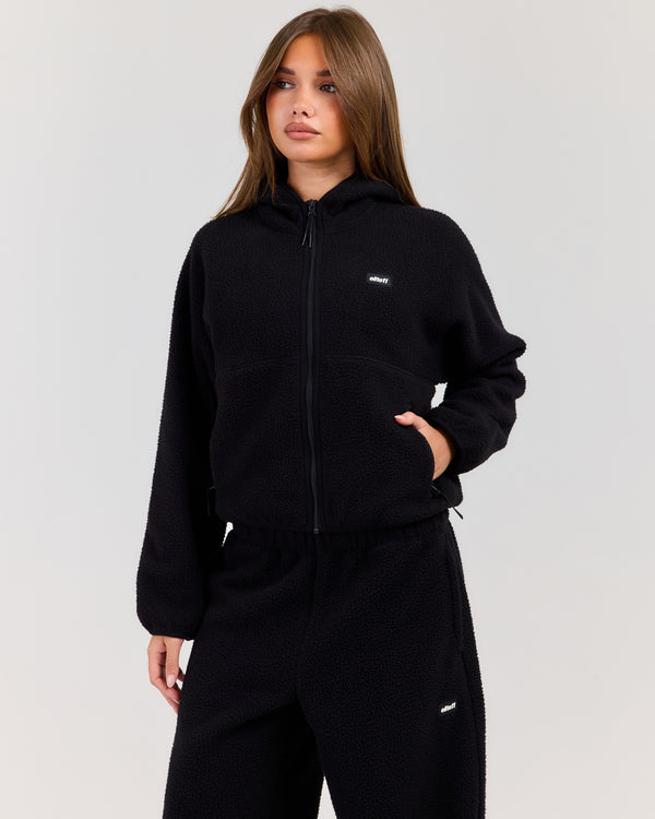 Teddy Fleece Zip Through Hoodie - Black