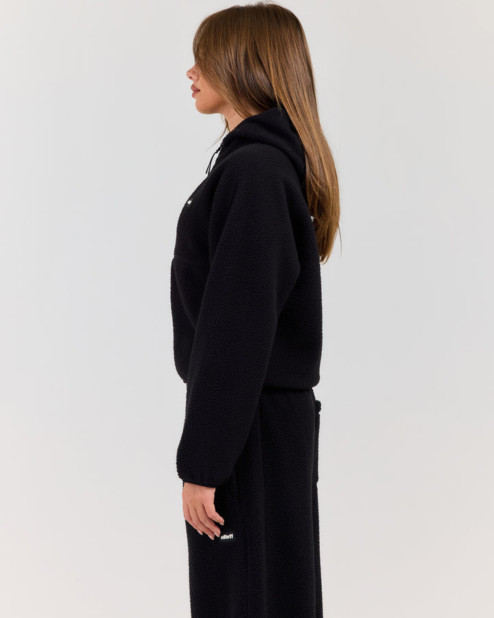 Teddy Fleece Zip Through Hoodie - Black