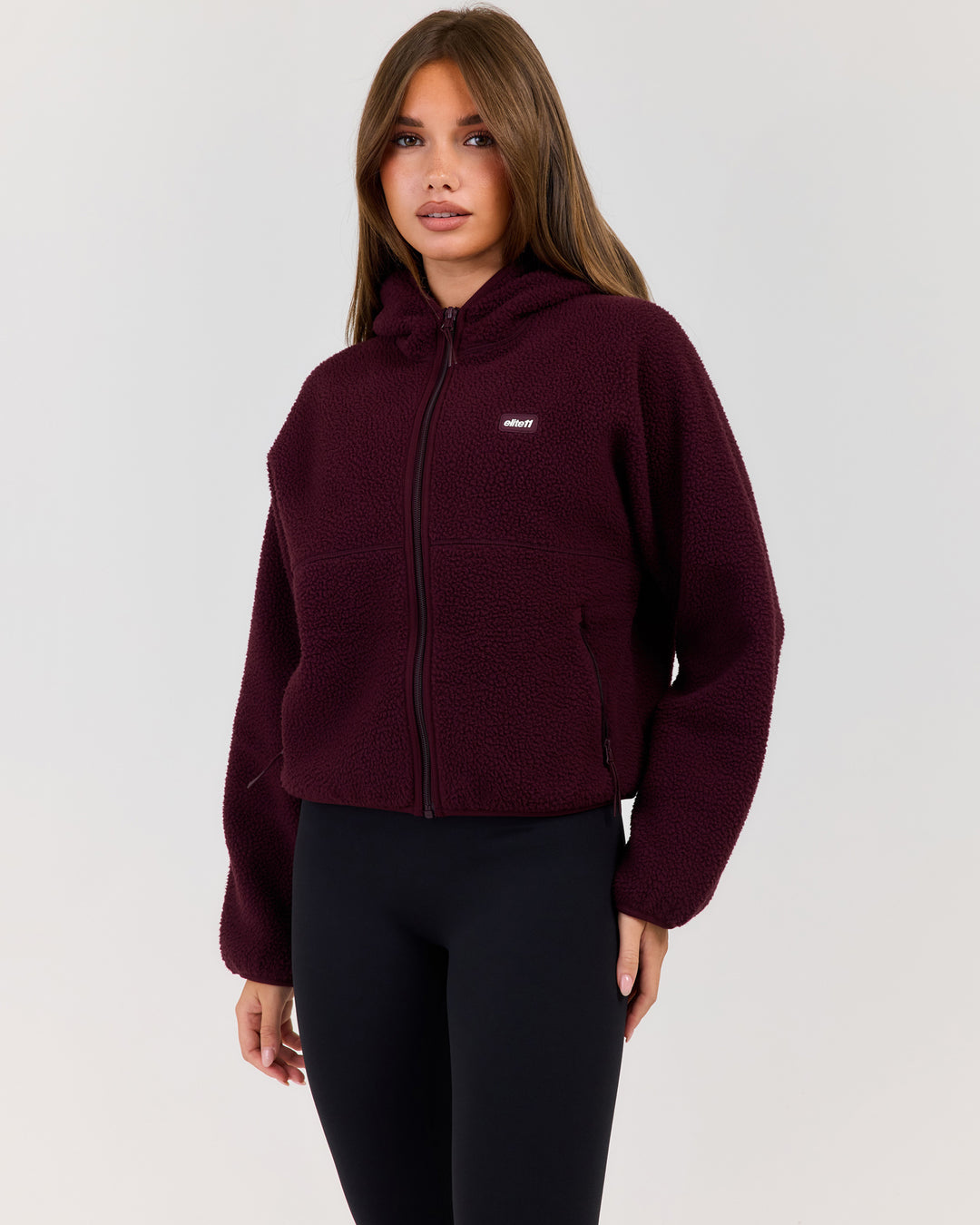 Teddy Fleece Zip Through Hoodie - Deep Plum