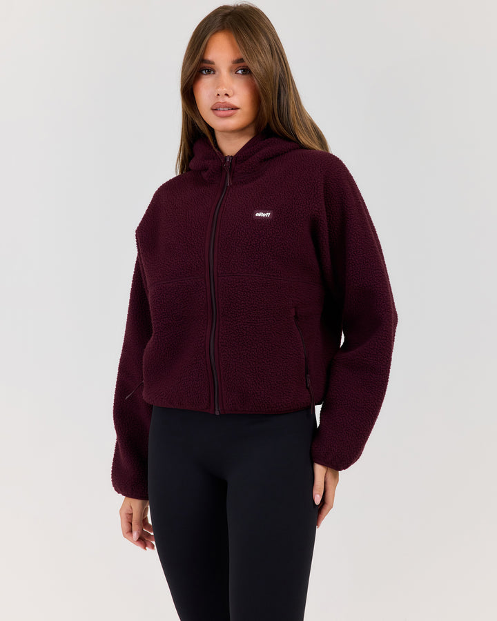 Teddy Fleece Zip Through Hoodie - Deep Plum