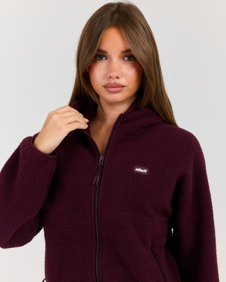 Teddy Fleece Zip Through Hoodie - Deep Plum