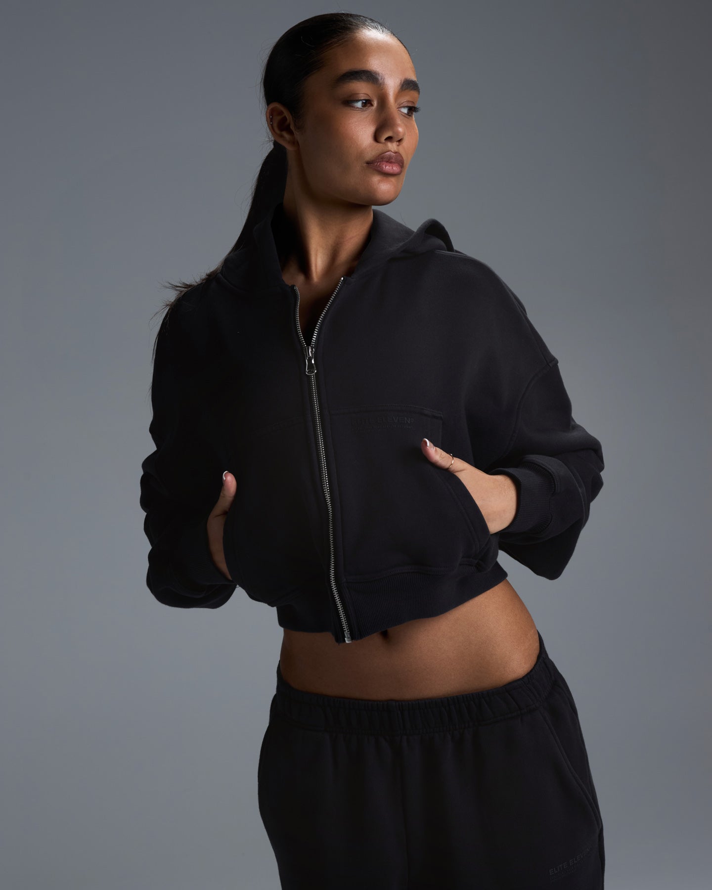Premium Heavyweight Cropped Zip Through - Black