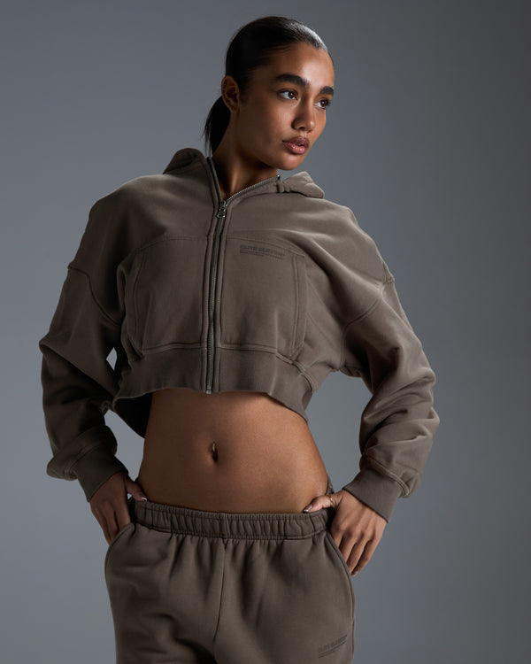 Premium Heavyweight Cropped Zip Through - Dark Taupe
