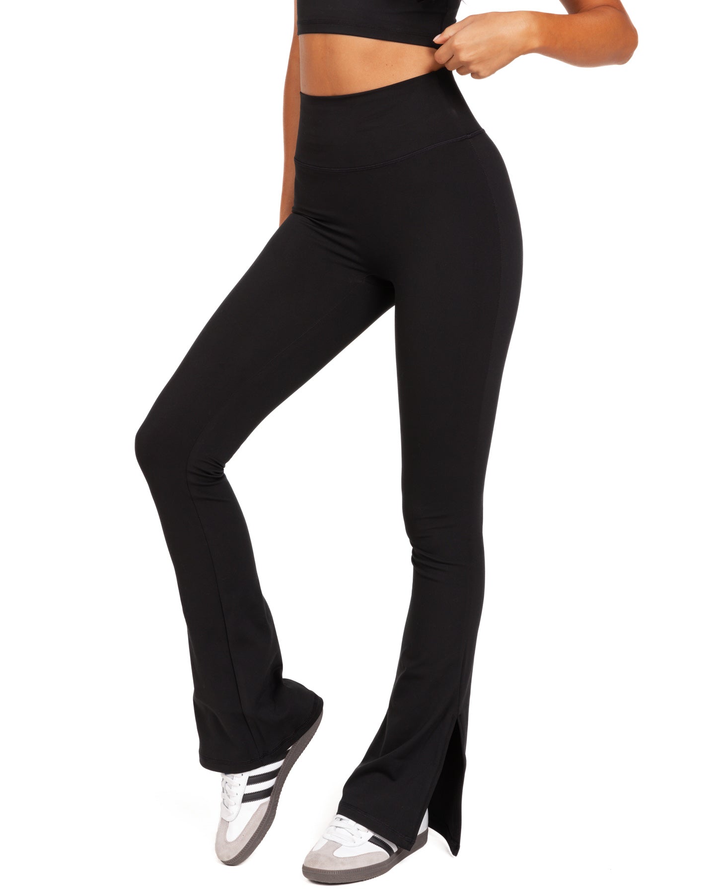 Black Low Rise Fold Over Waistband Flare Pants