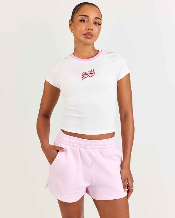 Double Heart Panel Mini Tee - White / Pink