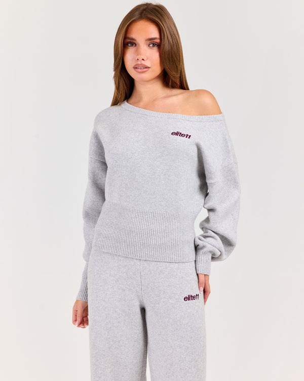 Winter Knit Off Shoulder Crew - Grey Marle