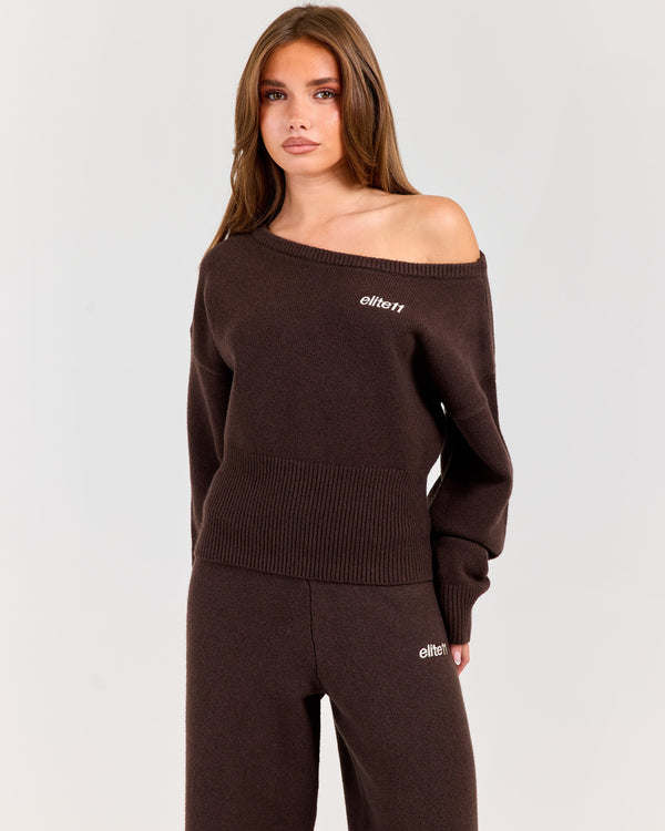 Winter Knit Off Shoulder Crew - Coffee Bean