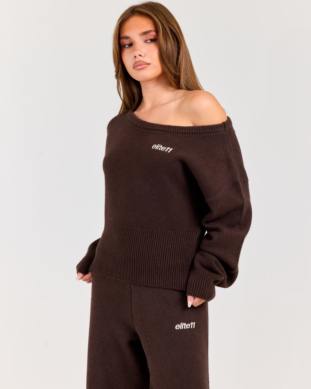 Winter Knit Off Shoulder Crew - Coffee Bean