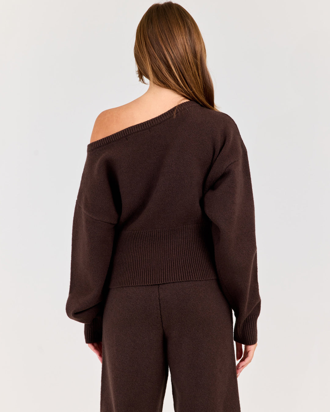 Winter Knit Off Shoulder Crew - Coffee Bean