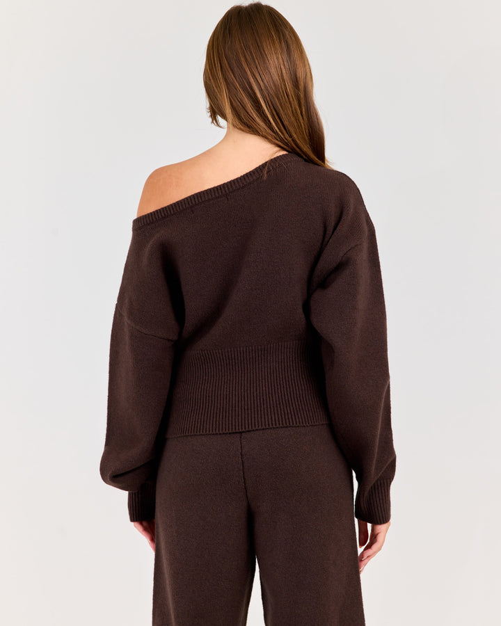 Winter Knit Off Shoulder Crew - Coffee Bean