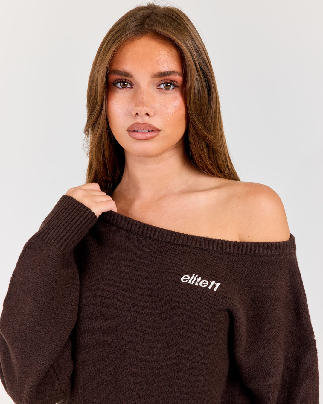 Winter Knit Off Shoulder Crew - Coffee Bean