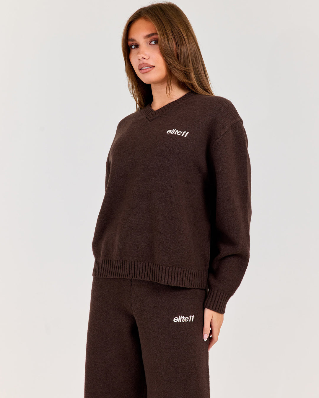 Winter Knit V Neck Crew - Coffee Bean