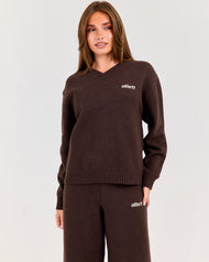 Winter Knit V Neck Crew - Coffee Bean