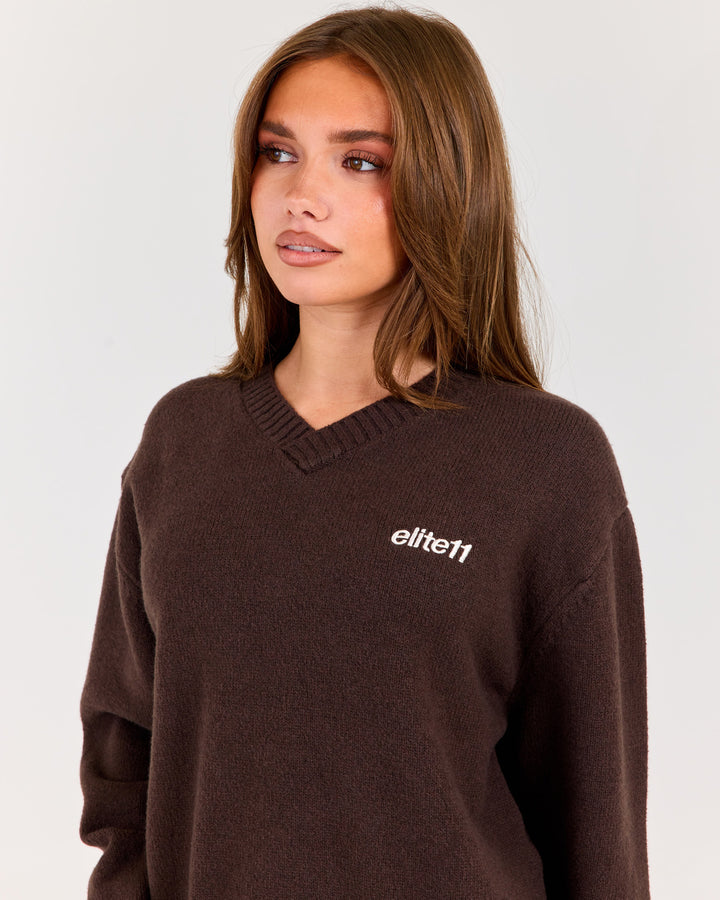 Winter Knit V Neck Crew - Coffee Bean