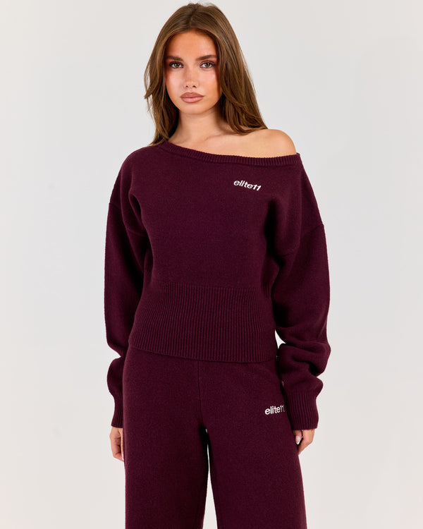 Winter Knit Off Shoulder Crew - Plum