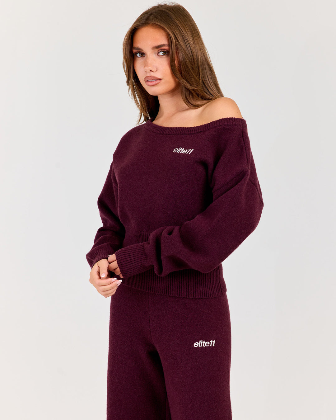 Winter Knit Off Shoulder Crew - Plum