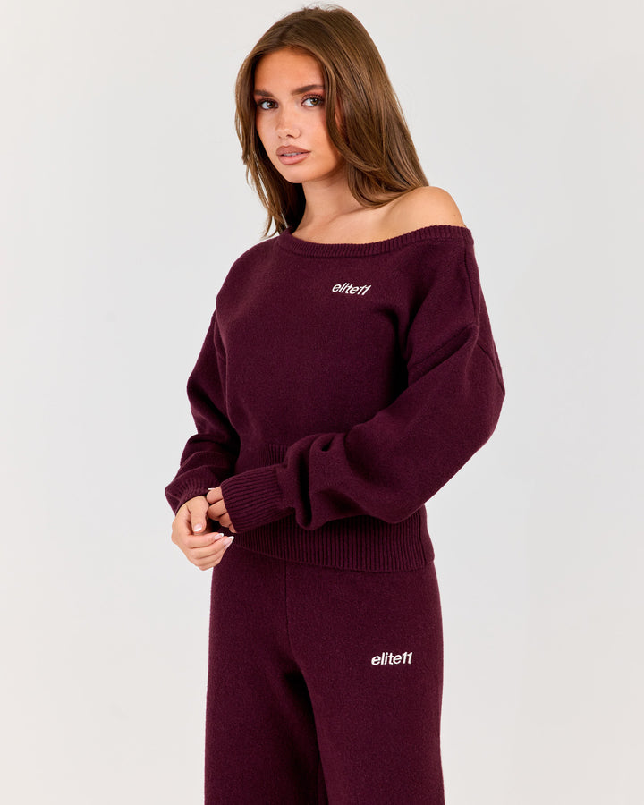 Winter Knit Off Shoulder Crew - Plum