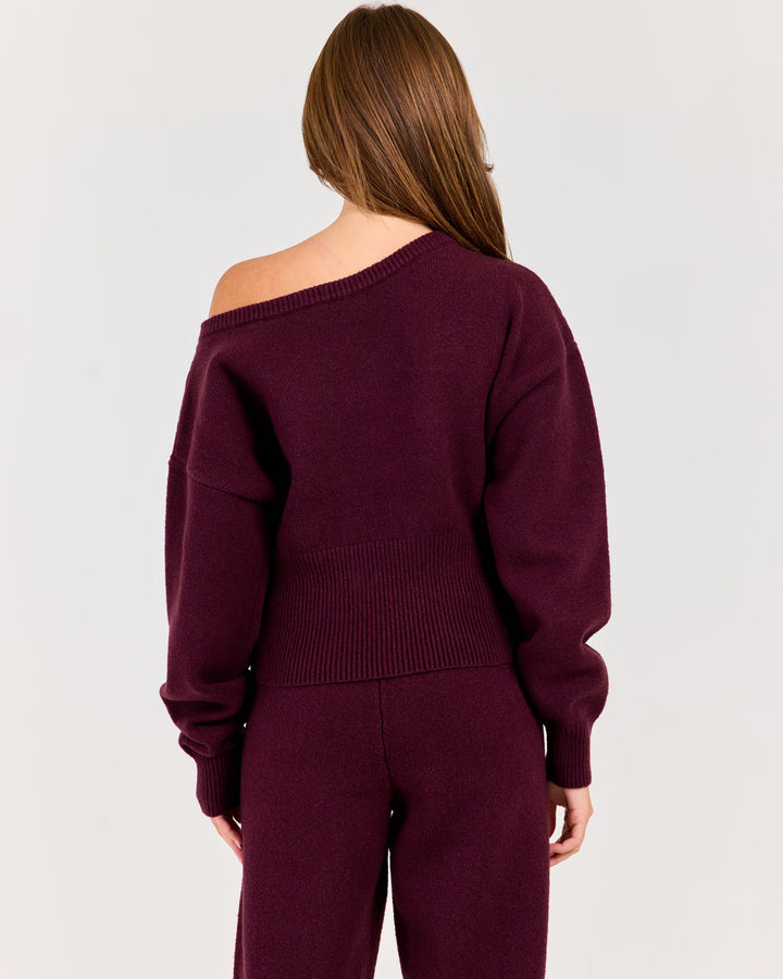 Winter Knit Off Shoulder Crew - Plum