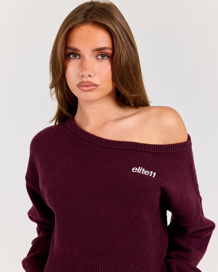 Winter Knit Off Shoulder Crew - Plum