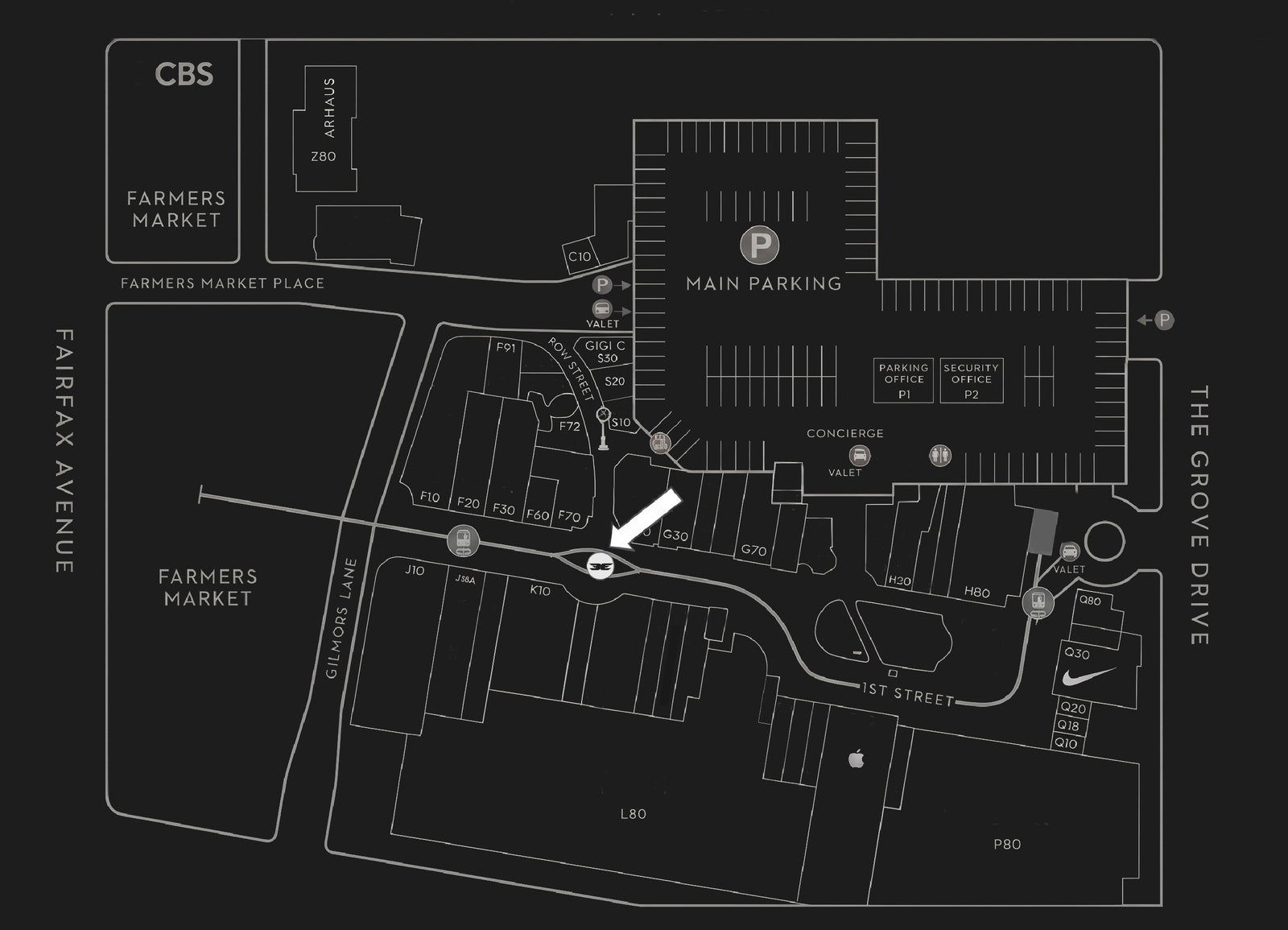 Map of a parking lot layout with labeled areas on a black background