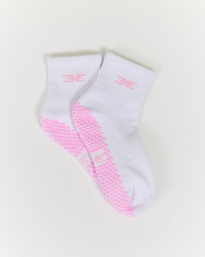 EE Mid Crew Pilates Grip Socks - White/Pink