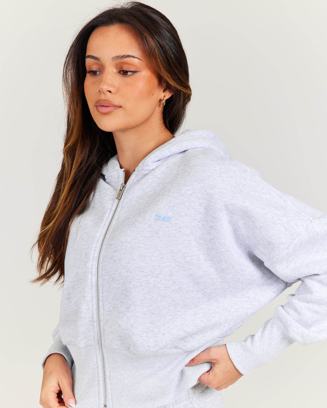 Omni Zip Through Hoodie - Grey Marle/Light Blue