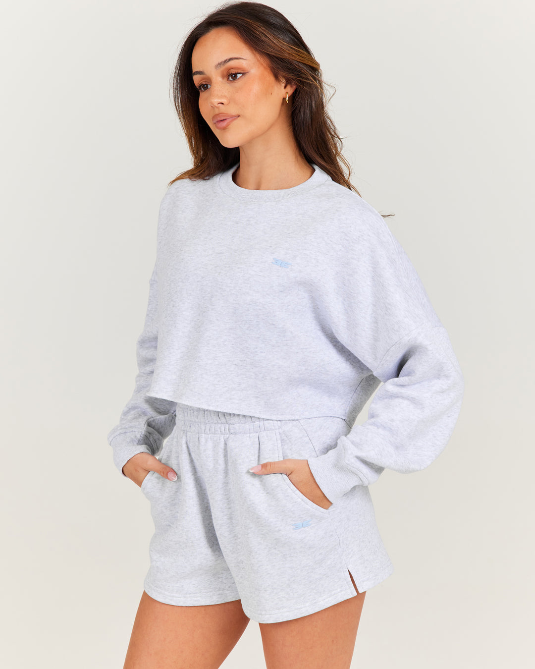 Omni Cropped Crewneck - Grey Marle/Light Blue