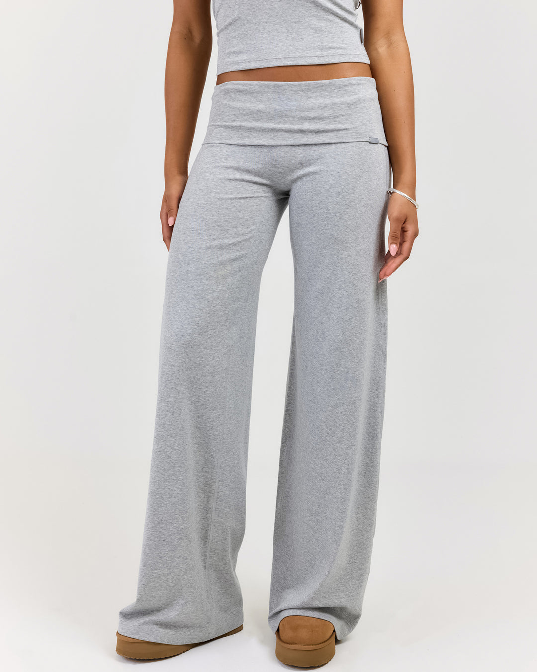 EE Lounge Fold Over Wide Leg Pants - Heather Grey