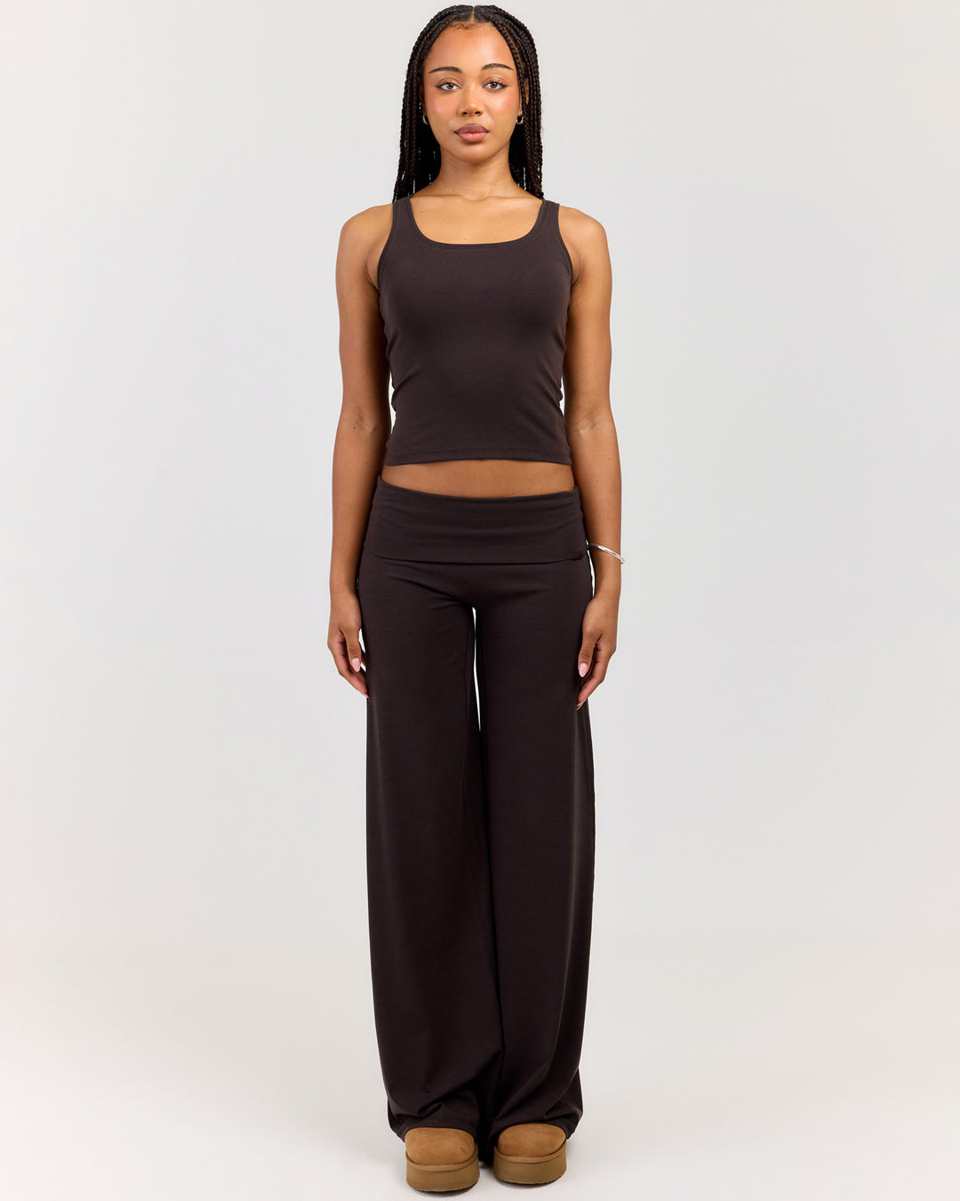 EE Lounge Fold Over Wide Leg Pants - Coffee Bean