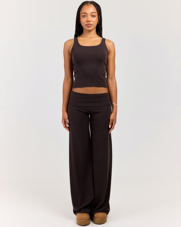 EE Lounge Fold Over Wide Leg Pants - Coffee Bean