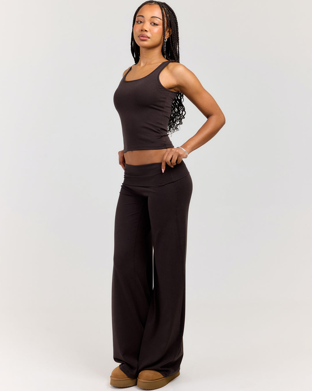 EE Lounge Fold Over Wide Leg Pants - Coffee Bean