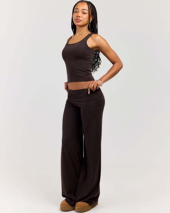 EE Lounge Fold Over Wide Leg Pants - Coffee Bean