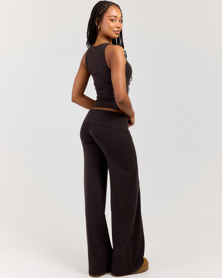 EE Lounge Fold Over Wide Leg Pants - Coffee Bean