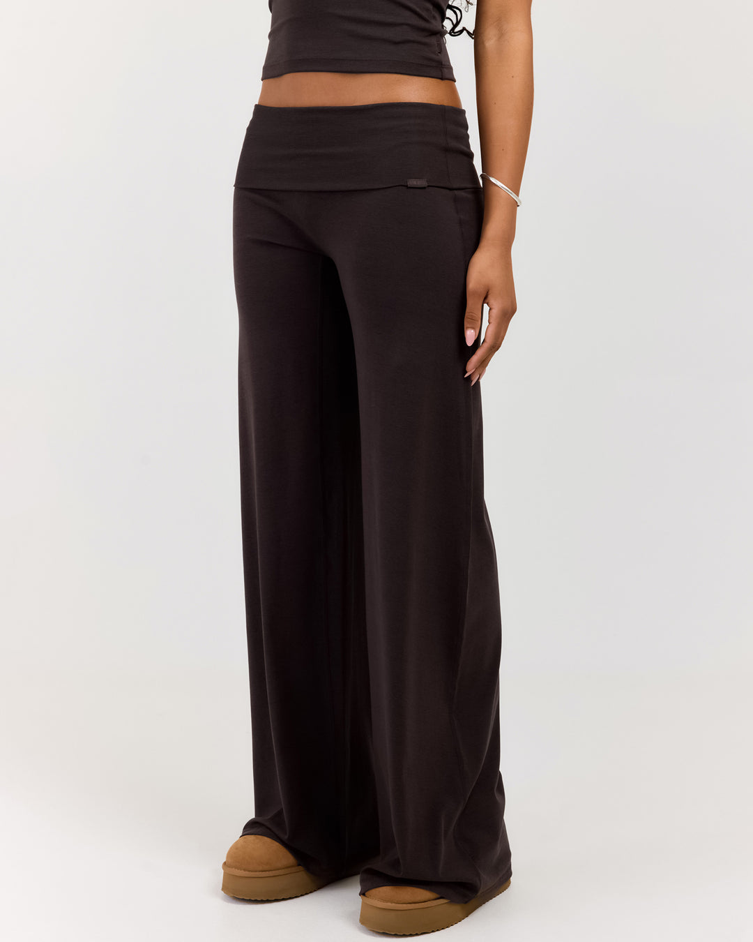 EE Lounge Fold Over Wide Leg Pants - Coffee Bean