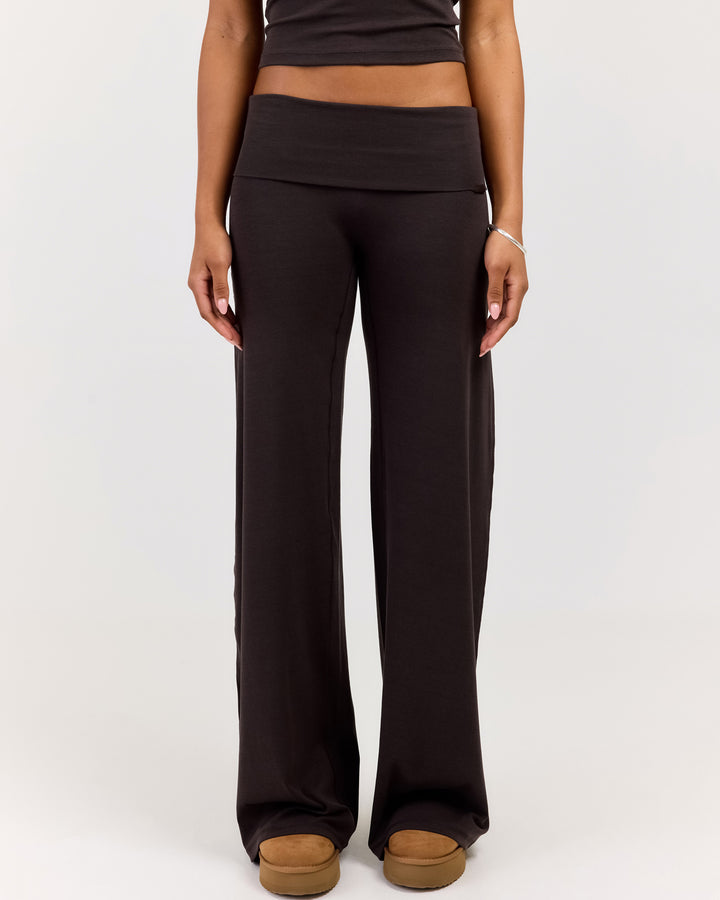 EE Lounge Fold Over Wide Leg Pants - Coffee Bean