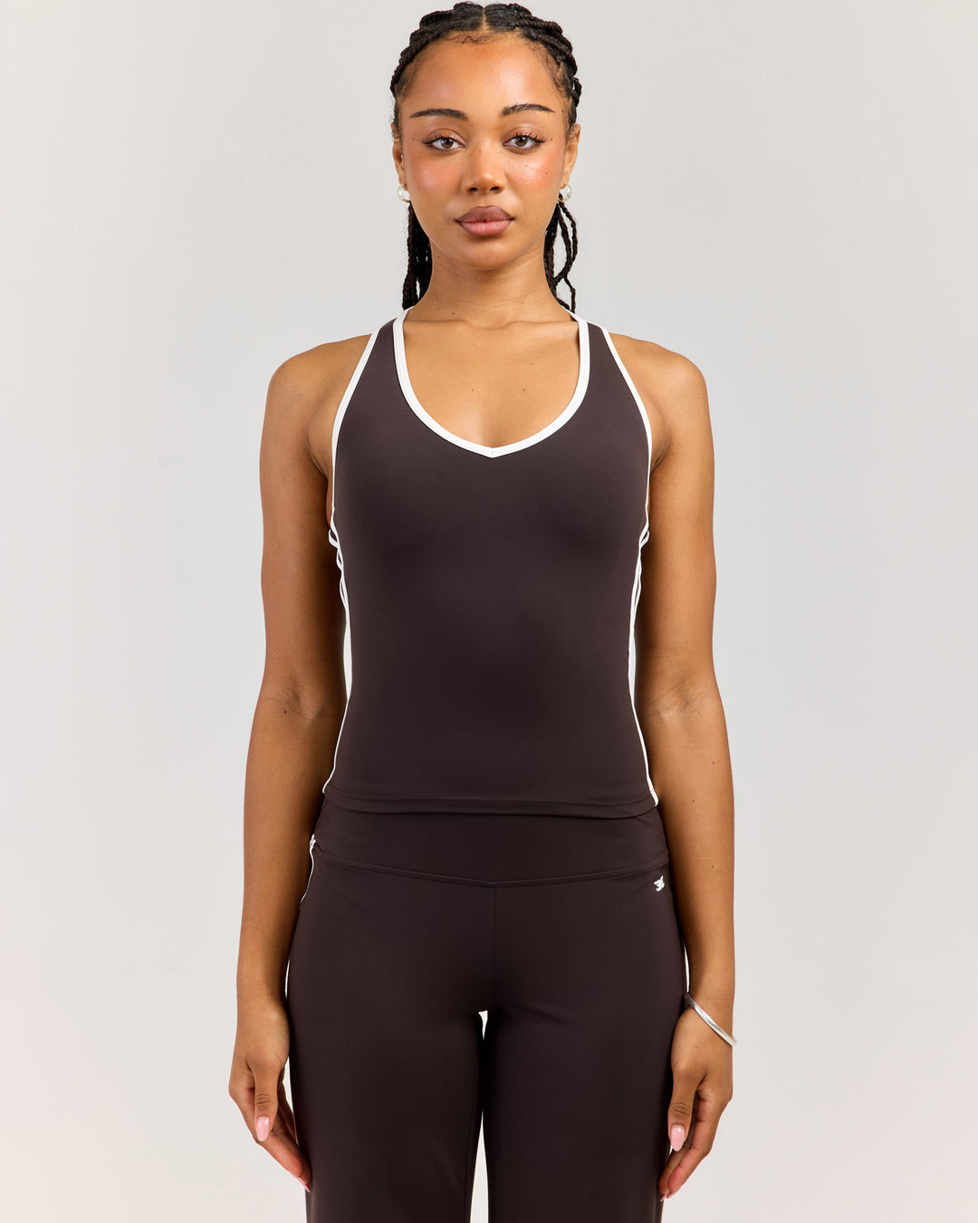 Airey Stripe V Neck Tank - Coffee/White
