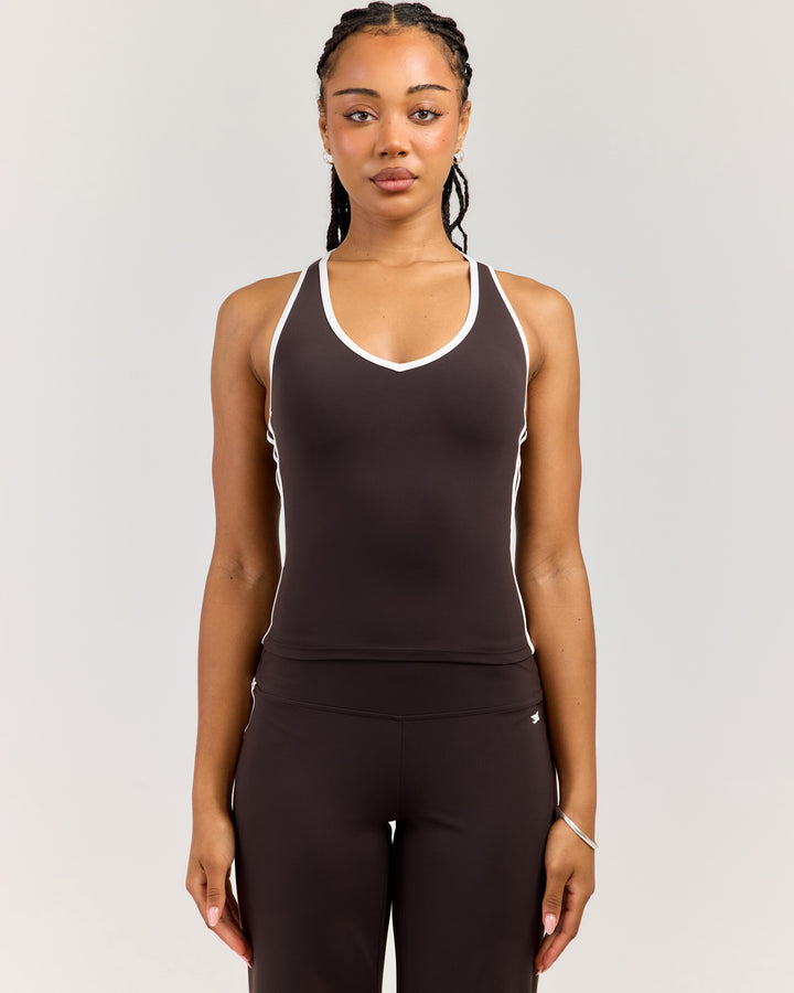 Airey Stripe V Neck Tank - Coffee/White