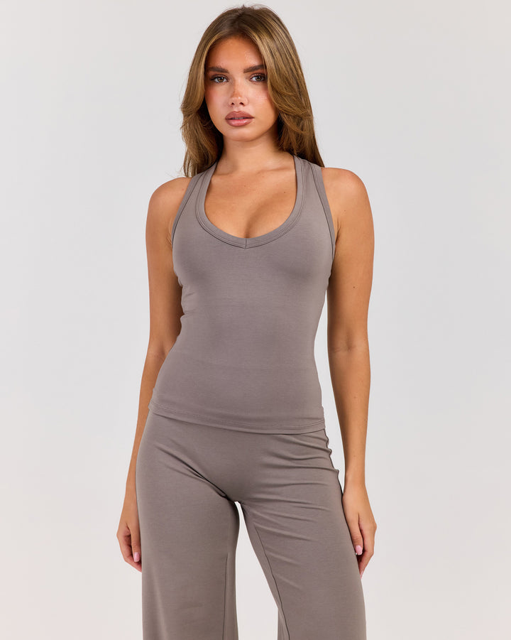Flow V Neck Racer Tank - Almond Latte