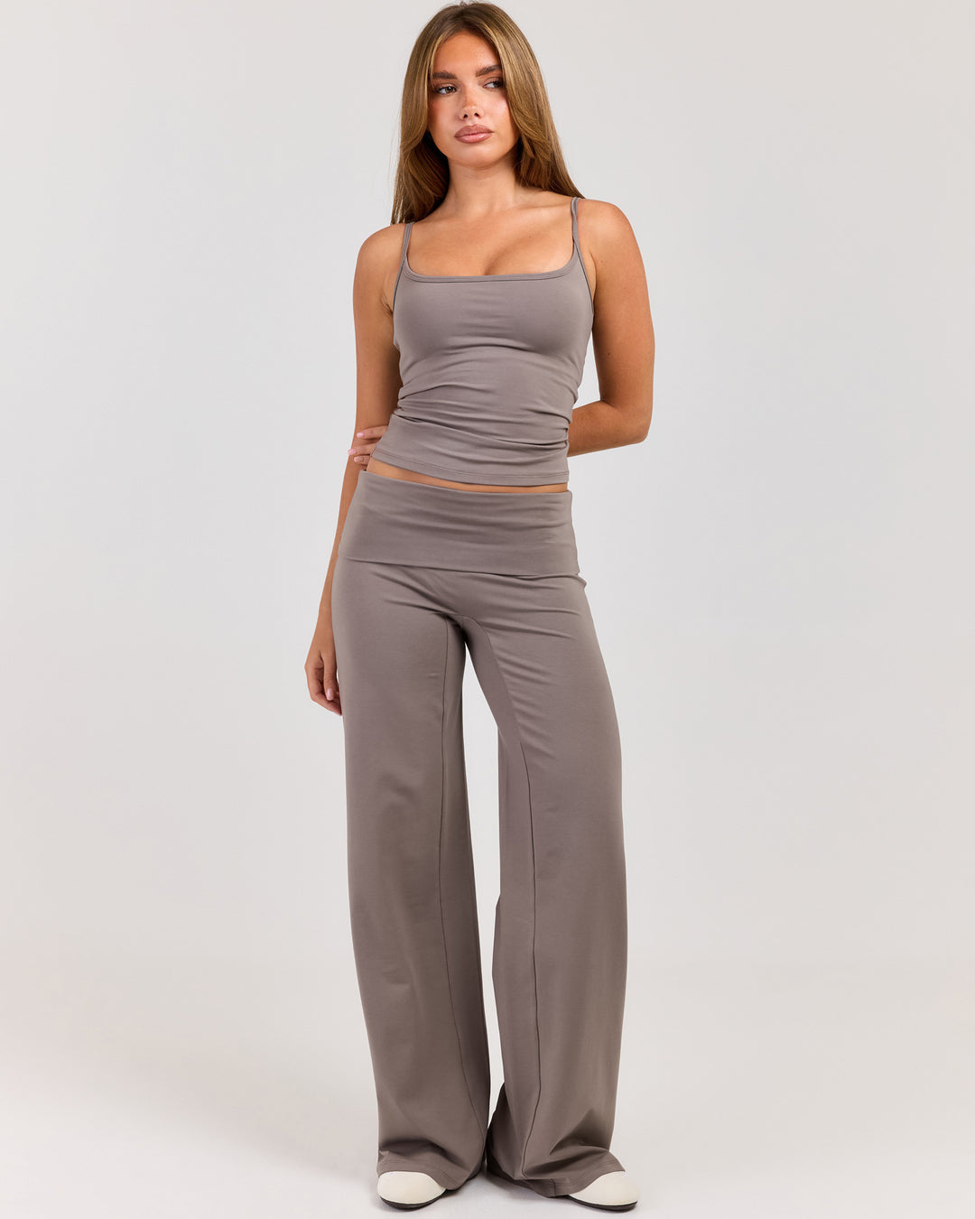 Flow Wide Leg Fold Over Pants - Almond Latte