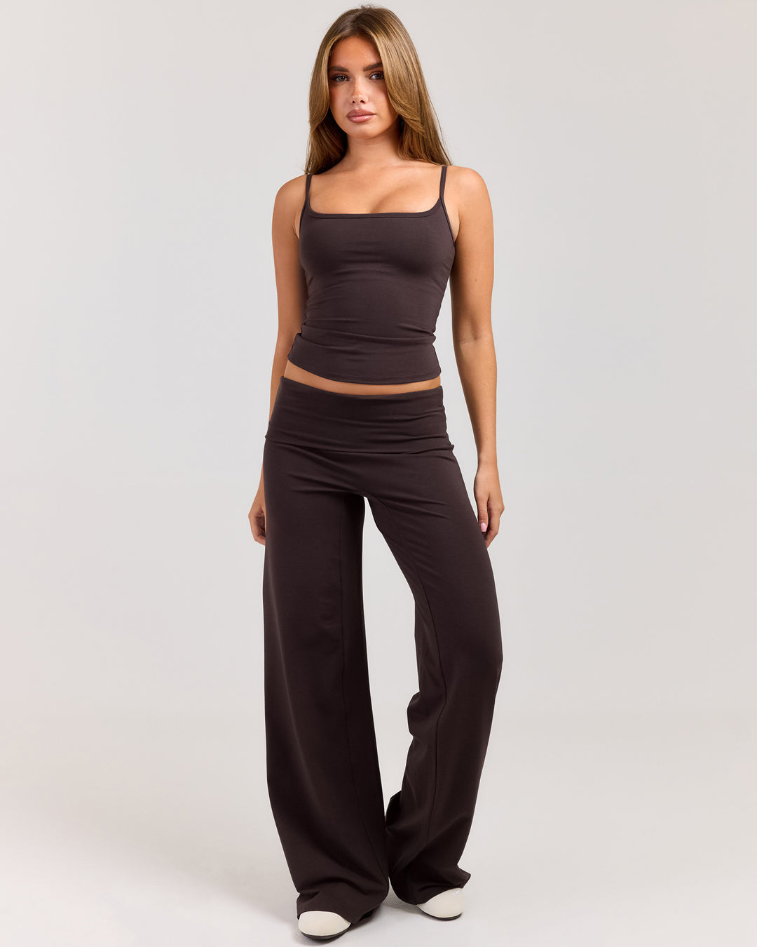 Flow Wide Leg Fold Over Pants - Coffee Bean